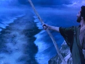 杖を海に掲げる男性